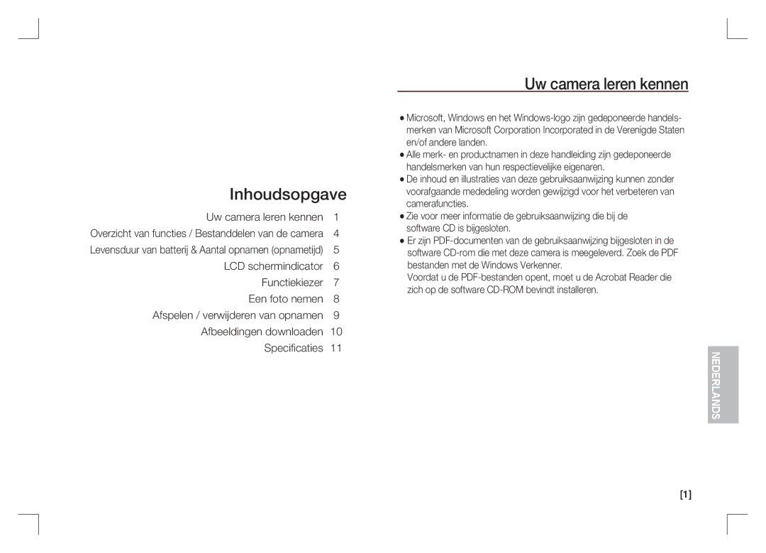 Samsung EC-S1065SBA/FR manual Inhoudsopgave, Uw camera leren kennen, Overzicht van functies / Bestanddelen van de camera 