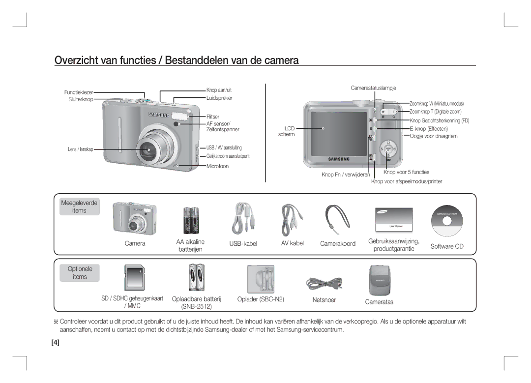 Samsung EC-S1065PBA/FR Overzicht van functies / Bestanddelen van de camera, Meegeleverde Items Camera, Optionele Items 