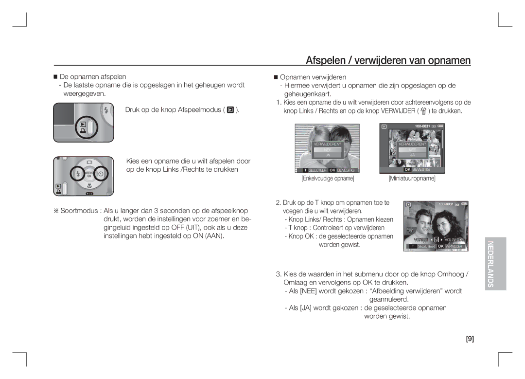 Samsung EC-S1065SBA/FR manual Afspelen / verwijderen van opnamen, Knop Controleert op verwijderen, Enkelvoudige opname 