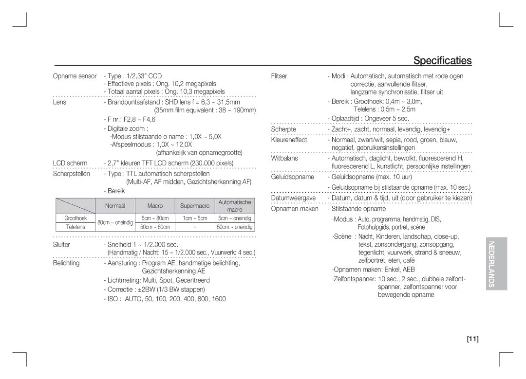 Samsung EC-S1065SBA/FR, EC-S1065PBA/FR manual Speciﬁcaties 