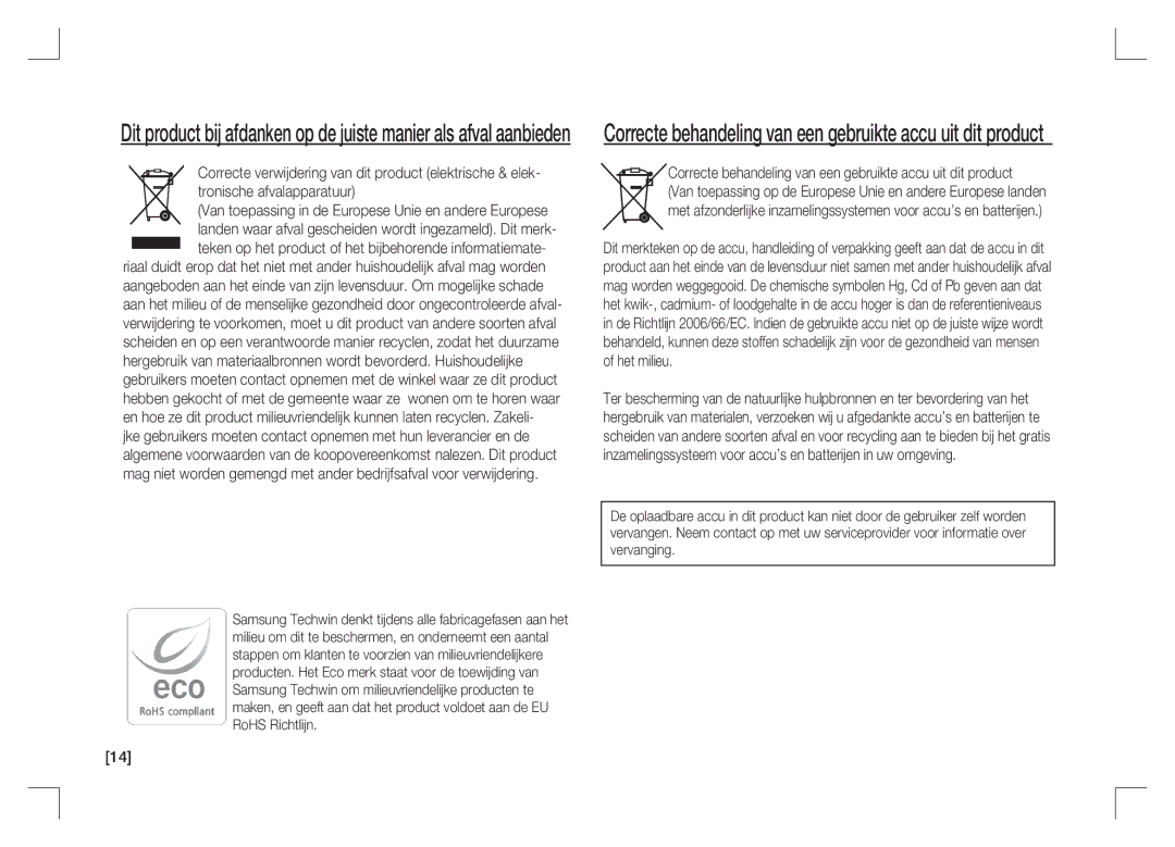 Samsung EC-S1065PBA/FR, EC-S1065SBA/FR manual Correcte behandeling van een gebruikte accu uit dit product 