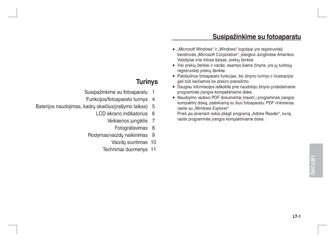 Samsung EC-S1065SBA/FR, EC-S1065PBA/FR manual Turinys, Susipažinkime su fotoaparatu 