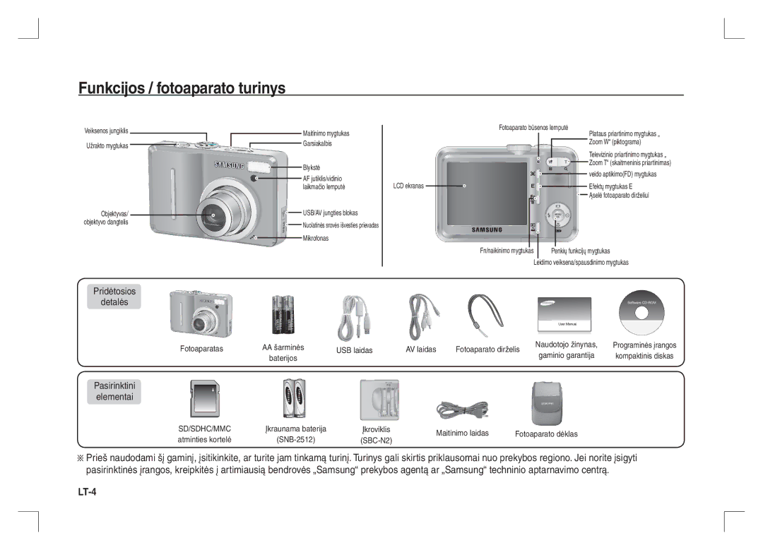 Samsung EC-S1065PBA/FR, EC-S1065SBA/FR manual Funkcijos / fotoaparato turinys, Pridėtosios Detalės, Pasirinktini elementai 