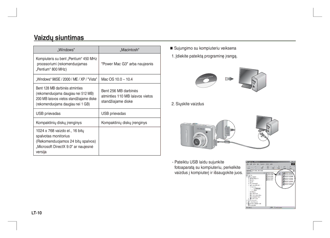 Samsung EC-S1065PBA/FR manual Vaizdų siuntimas, „Windows „Macintosh, Bent 128 MB darbinės atminties Bent 256 MB darbinės 