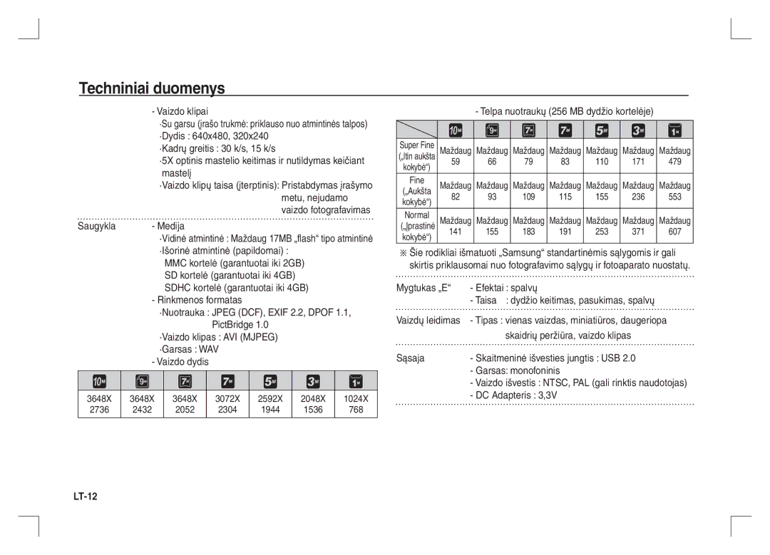 Samsung EC-S1065PBA/FR, EC-S1065SBA/FR manual Techniniai duomenys 