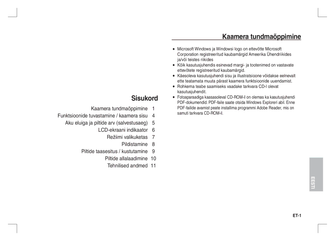 Samsung EC-S1065SBA/FR, EC-S1065PBA/FR manual Sisukord, Kaamera tundmaõppimine 