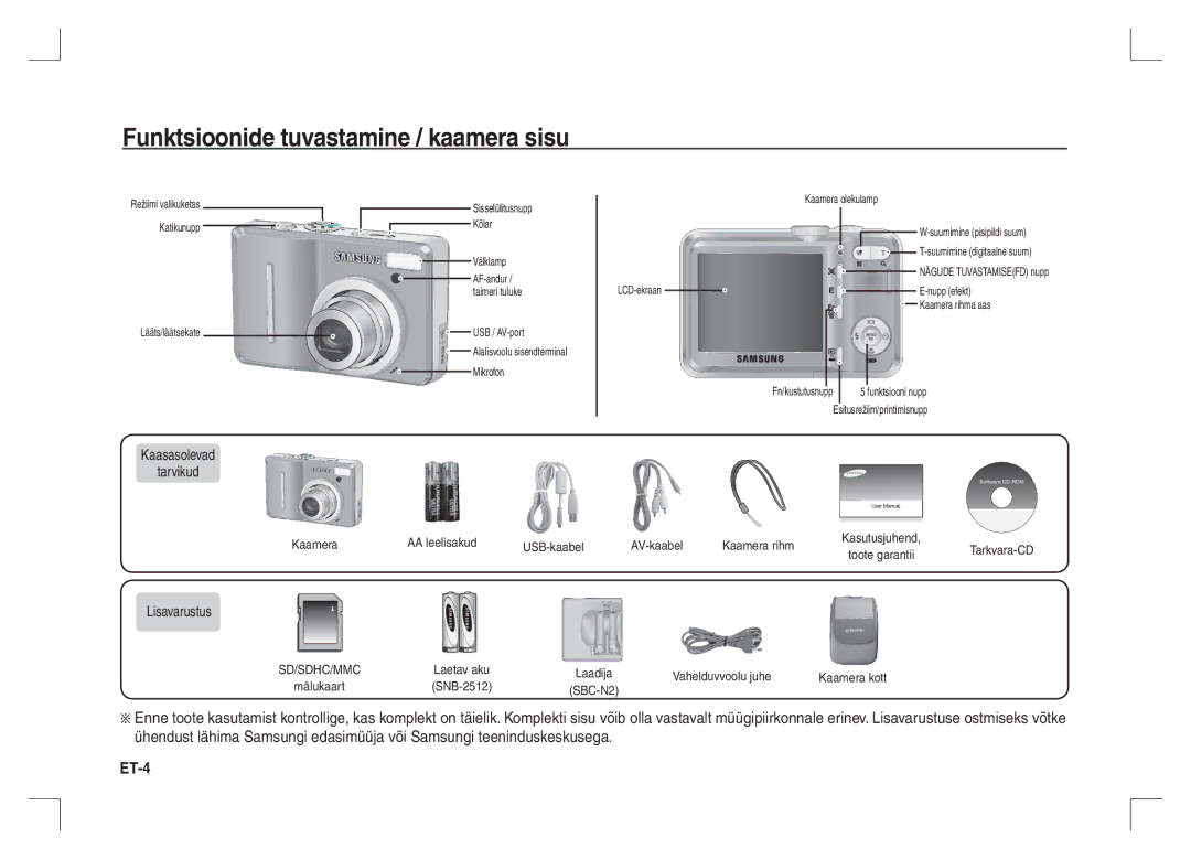 Samsung EC-S1065PBA/FR, EC-S1065SBA/FR manual Funktsioonide tuvastamine / kaamera sisu, Kaasasolevad, Lisavarustus 