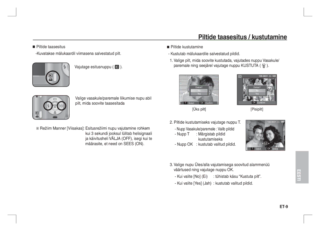 Samsung EC-S1065SBA/FR manual Piltide taasesitus / kustutamine, Vajutage esitusnuppu Î, Nupp OK kustutab valitud pildid 