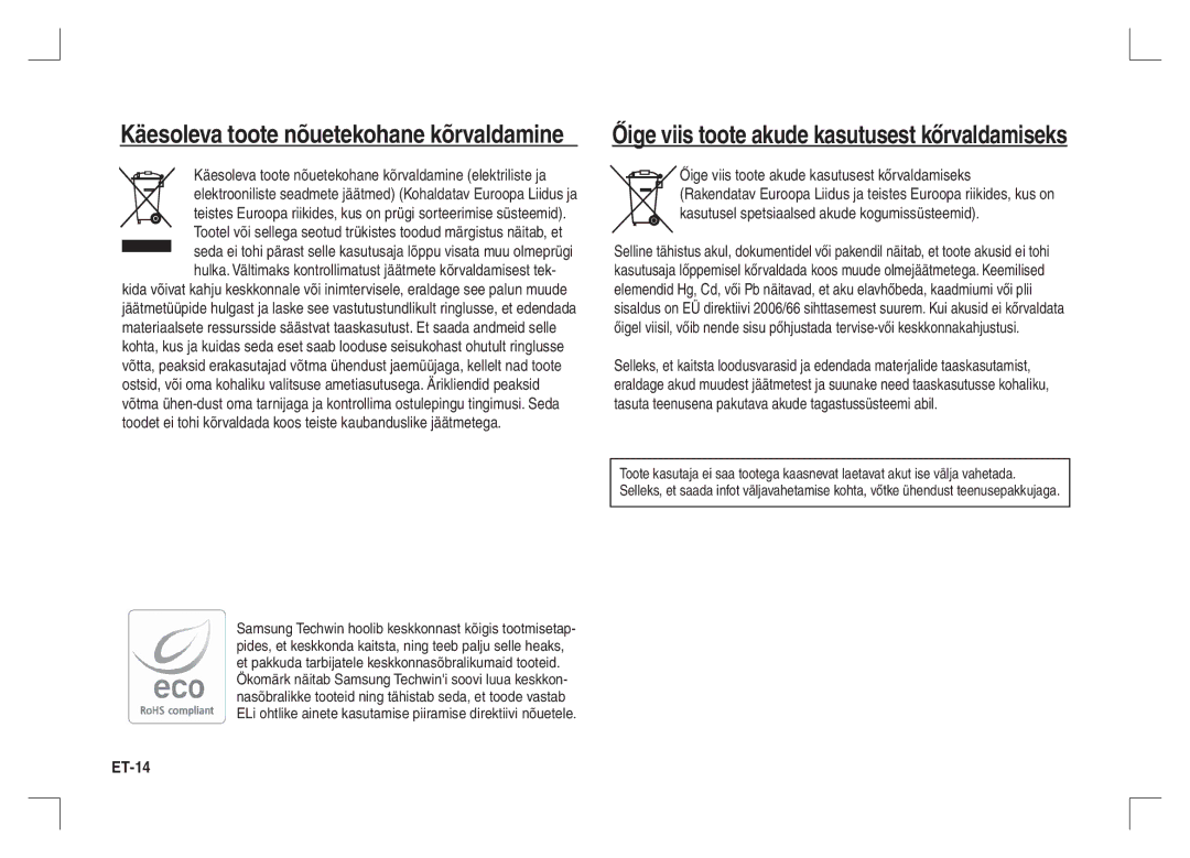 Samsung EC-S1065PBA/FR manual Käesoleva toote nõuetekohane kõrvaldamine, Őige viis toote akude kasutusest kőrvaldamiseks 