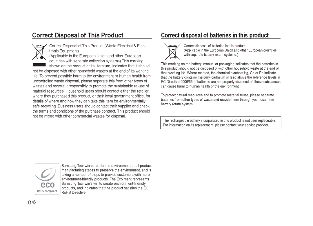 Samsung EC-S1065PBA/FR, EC-S1065SBA/FR Correct Disposal of This Product, Correct disposal of batteries in this product 