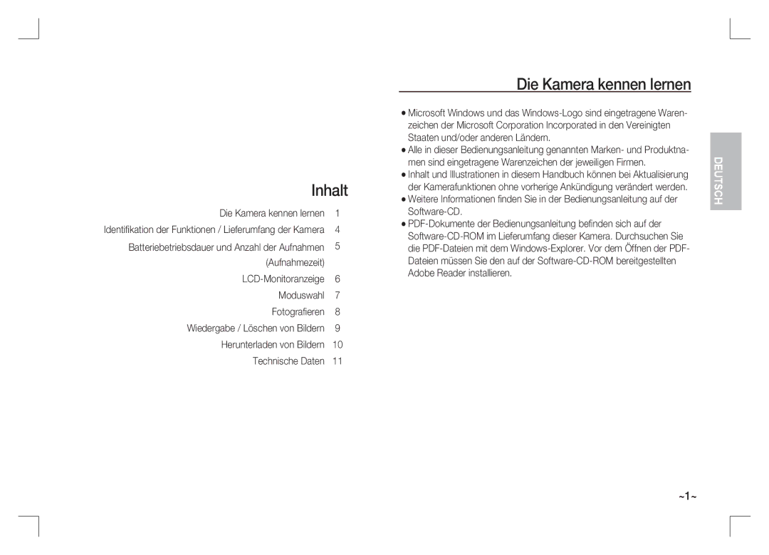 Samsung EC-S1065SBA/FR, EC-S1065PBA/FR Inhalt, Die Kamera kennen lernen, Batteriebetriebsdauer und Anzahl der Aufnahmen 