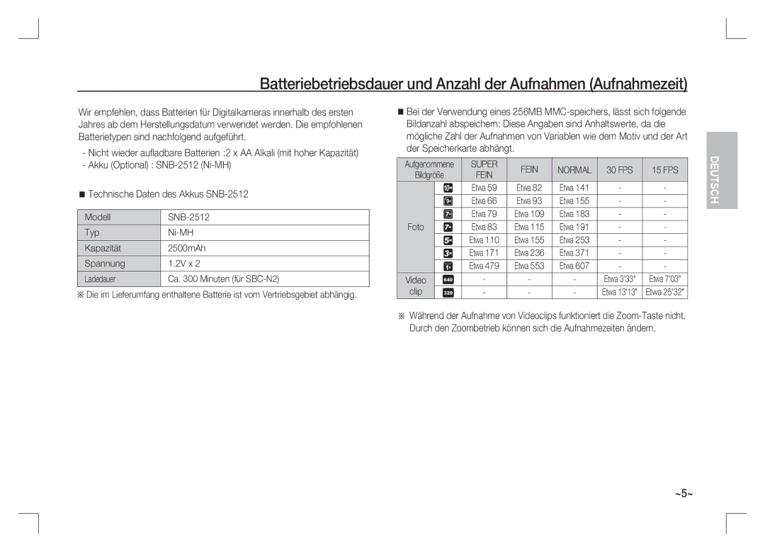 Samsung EC-S1065SBA/FR, EC-S1065PBA/FR manual Batteriebetriebsdauer und Anzahl der Aufnahmen Aufnahmezeit, FPS 15 FPS 