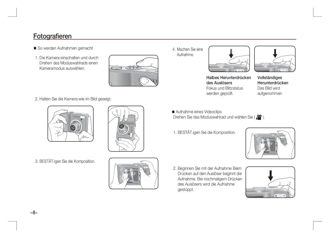 Samsung EC-S1065PBA/FR manual Fotograﬁeren, So werden Aufnahmen gemacht, Halbes Herunterdrücken Vollständiges Des Auslösers 