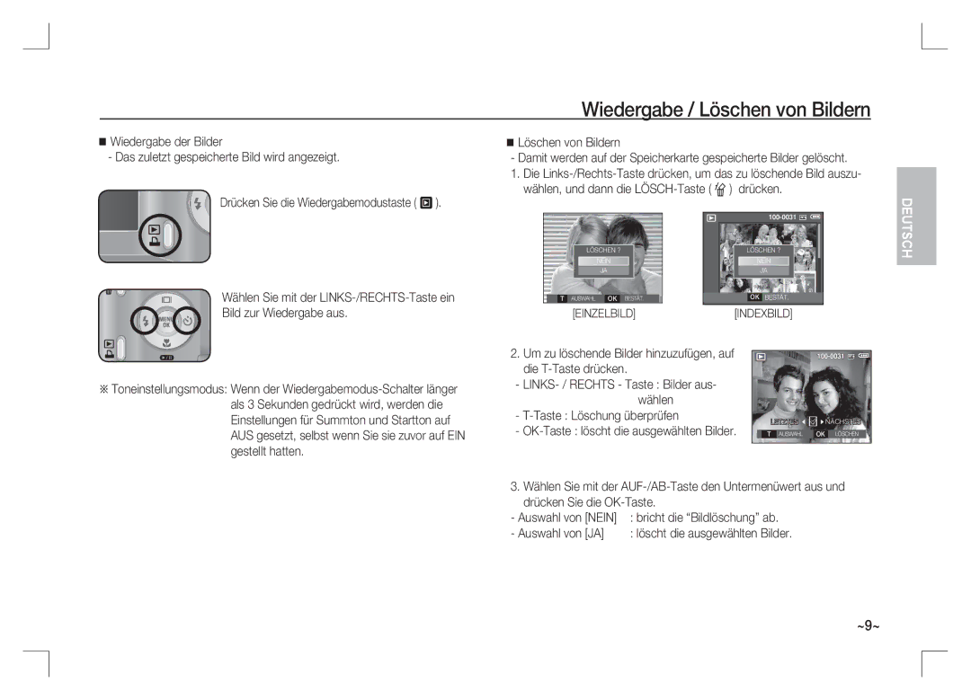 Samsung EC-S1065SBA/FR Wiedergabe / Löschen von Bildern, Drücken Sie die Wiedergabemodustaste Î, Taste Löschung überprüfen 