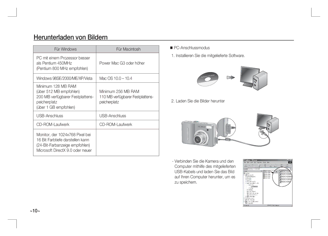 Samsung EC-S1065PBA/FR Herunterladen von Bildern, Für Windows Für Macintosh, Als Pentium 450MHz Power Mac G3 oder höher 