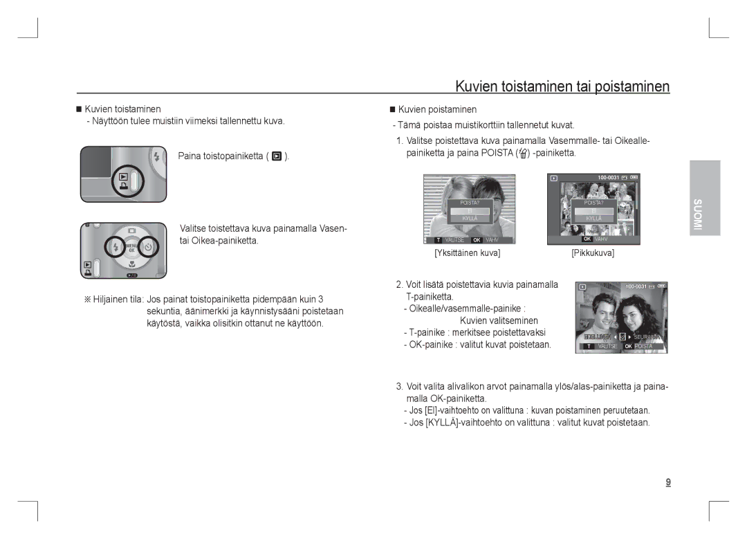 Samsung EC-S1065SBA/FR, EC-S1065PBA/FR manual Kuvien toistaminen tai poistaminen, Yksittäinen kuva, Pikkukuva 