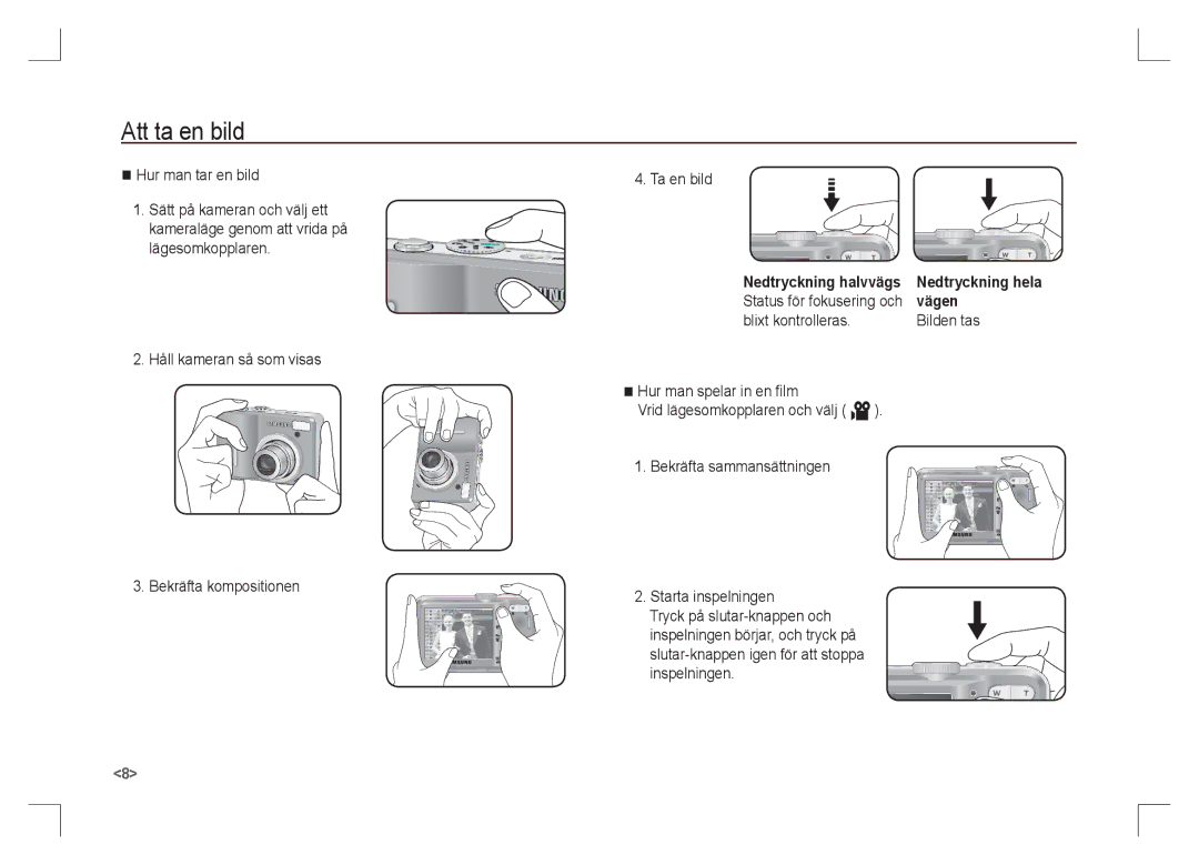 Samsung EC-S1065PBA/FR Att ta en bild, Hur man tar en bild, Håll kameran så som visas Bekräfta kompositionen Ta en bild 