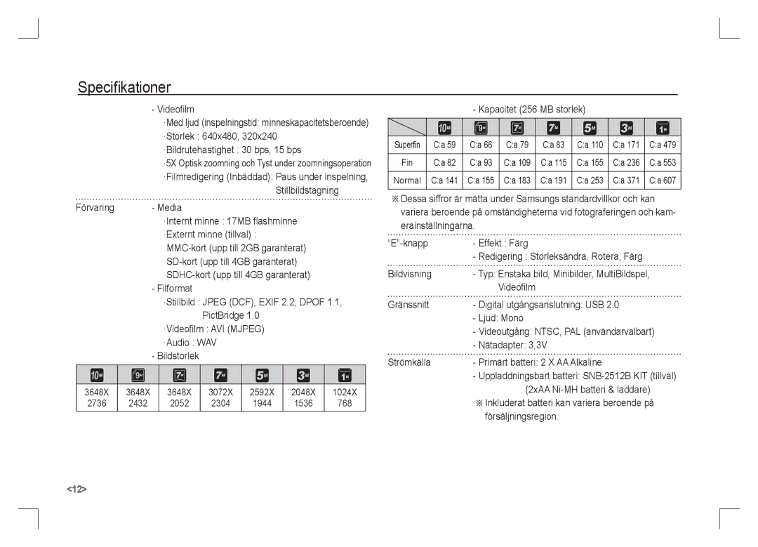 Samsung EC-S1065PBA/FR manual Videofilm, ·Storlek 640x480 ·Bildrutehastighet 30 bps, 15 bps, Kapacitet 256 MB storlek 