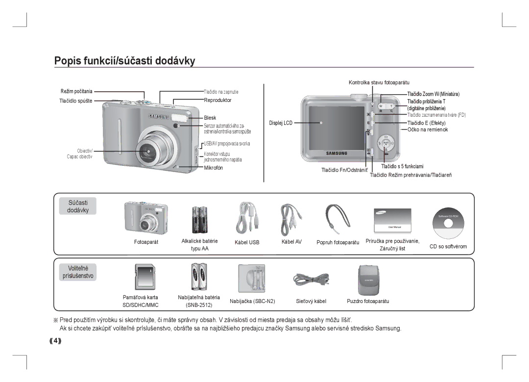 Samsung EC-S1065PBA/FR, EC-S1065SBA/FR manual Popis funkcií/súčasti dodávky, Súčasti Dodávky, Voliteľné Príslušenstvo 