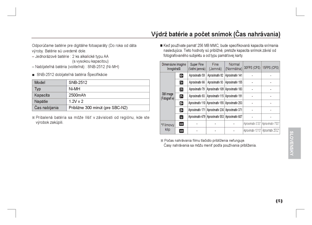 Samsung EC-S1065SBA/FR, EC-S1065PBA/FR manual Výdrž batérie a počet snímok Čas nahrávania, Fine Normal, Klip 