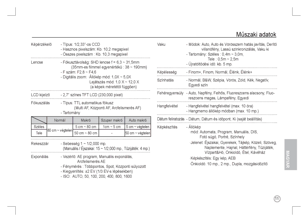 Samsung EC-S1065SBA/FR, EC-S1065PBA/FR manual Műszaki adatok 