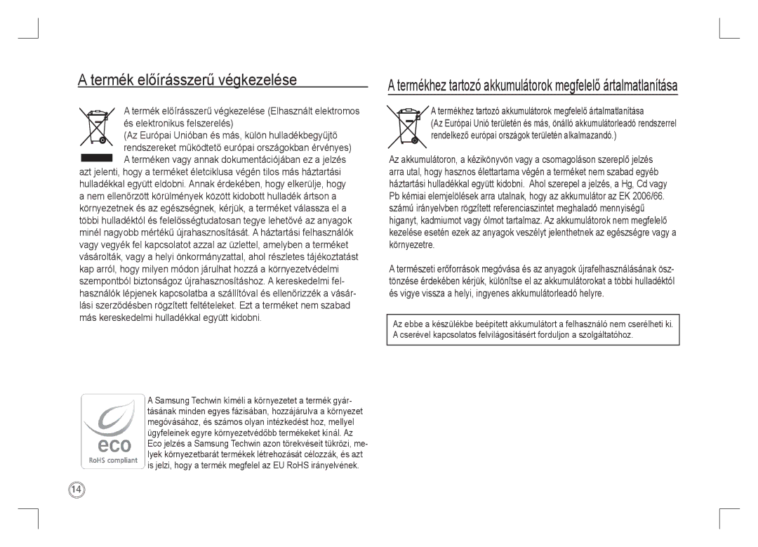 Samsung EC-S1065PBA/FR manual Termék előírásszerű végkezelése, Termékhez tartozó akkumulátorok megfelelő ártalmatlanítása 