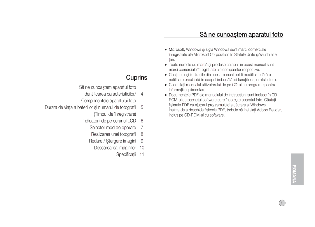 Samsung EC-S1065SBA/FR manual Cuprins, Să ne cunoaştem aparatul foto, Durata de viaţă a bateriilor şi numărul de fotograﬁi 