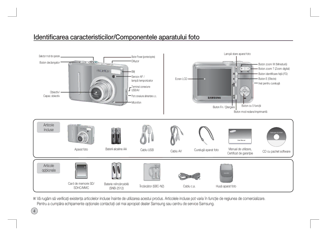 Samsung EC-S1065PBA/FR, EC-S1065SBA/FR Identiﬁcarea caracteristicilor/Componentele aparatului foto, Articole Opþionale 