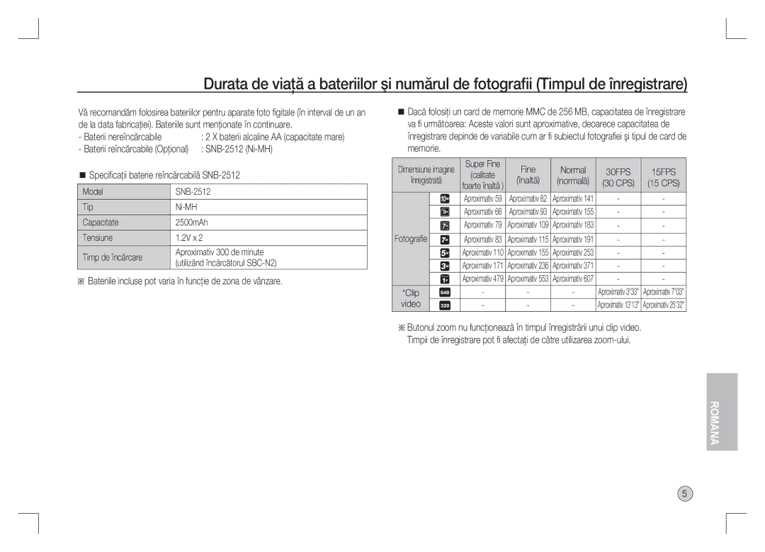 Samsung EC-S1065SBA/FR Baterii reîncărcabile Opţional SNB-2512 Ni-MH, Speciﬁcaţii baterie reîncărcabilă SNB-2512, Video 