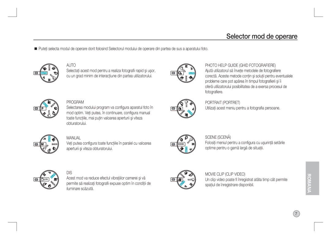 Samsung EC-S1065SBA/FR, EC-S1065PBA/FR manual Selector mod de operare, Portrait Portret, Scene Scenã, Movie Clip Clip Video 