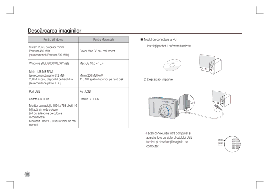 Samsung EC-S1065PBA/FR manual Descărcarea imaginilor, Minim 128 MB RAM Se recomandă peste 512 MB Minim 256 MB RAM, Recentã 