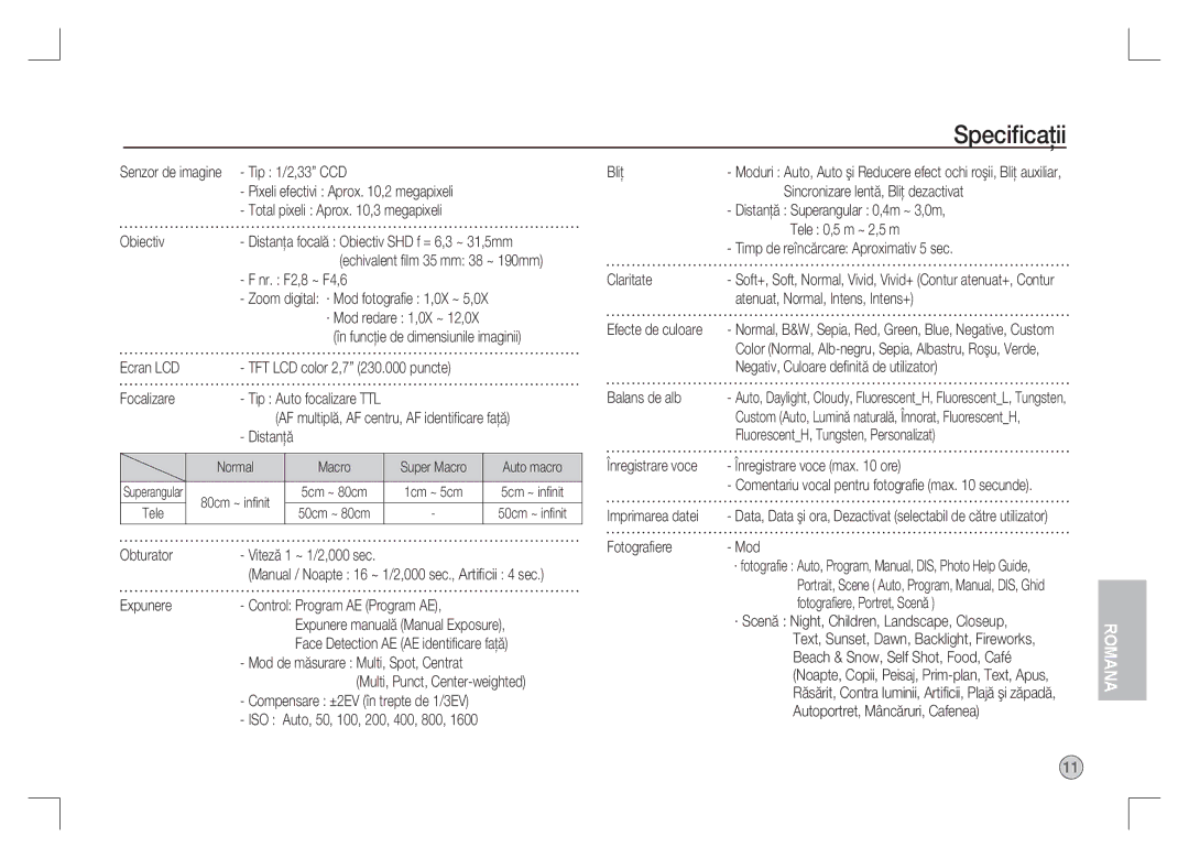 Samsung EC-S1065SBA/FR, EC-S1065PBA/FR manual Speciﬁcaţii 