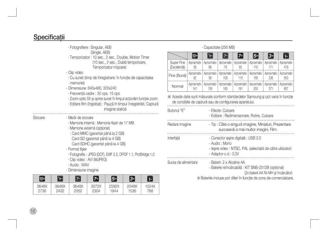 Samsung EC-S1065PBA/FR manual Imagine statică, Format ﬁşier, · Clip video AVI Mjpeg · Audio WAV Dimensiune imagine 