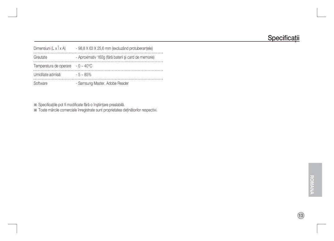 Samsung EC-S1065SBA/FR, EC-S1065PBA/FR manual Greutate, ~ 40C 