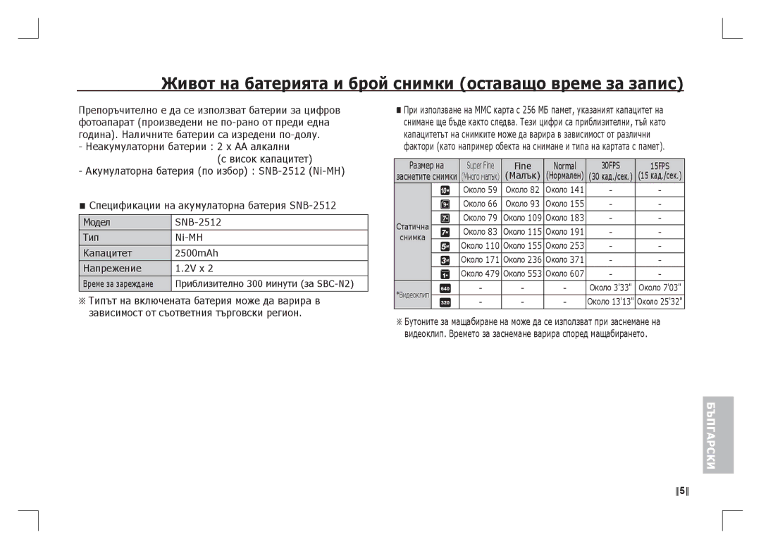 Samsung EC-S1065SBA/FR, EC-S1065PBA/FR manual Живот на батерията и брой снимки оставащо време за запис 