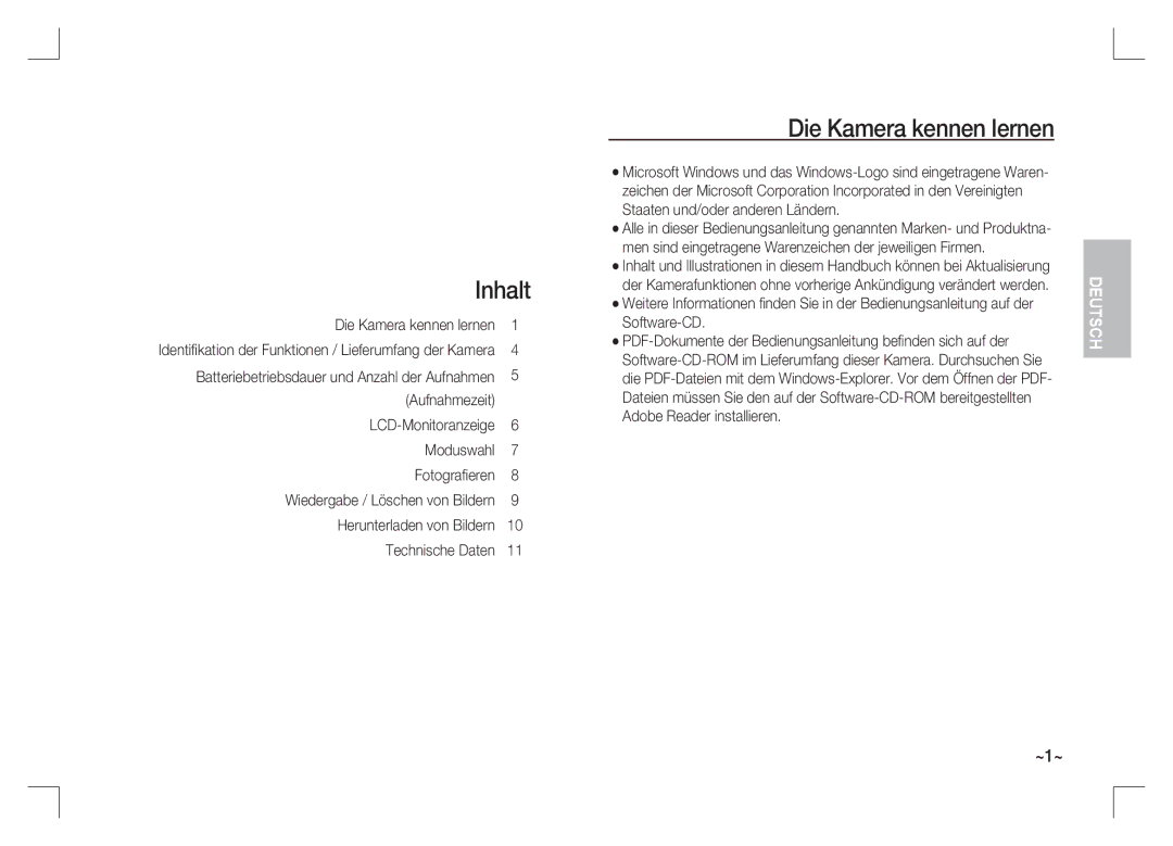 Samsung EC-S1065SBA/FR, EC-S1065PBA/FR Inhalt, Die Kamera kennen lernen, Batteriebetriebsdauer und Anzahl der Aufnahmen 