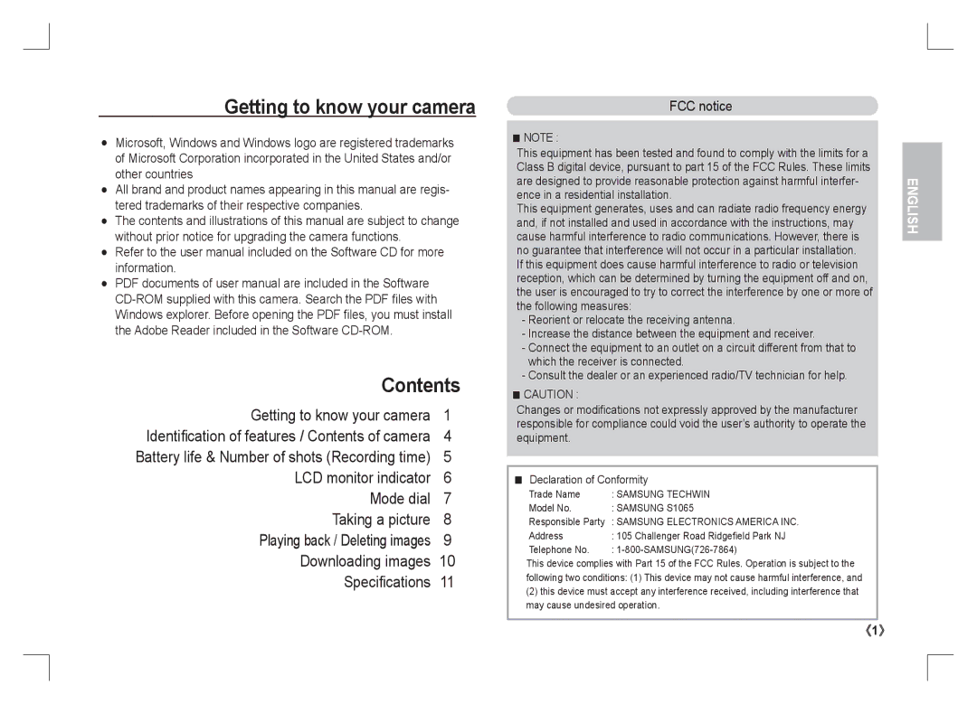 Samsung EC-S1065SBA/FR, EC-S1065PBA/FR manual Getting to know your camera, Contents 