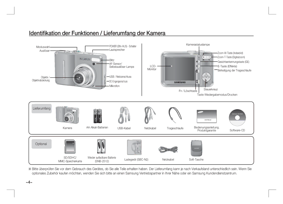 Samsung EC-S1065PBA/FR, EC-S1065SBA/FR manual Identiﬁkation der Funktionen / Lieferumfang der Kamera, Optional 