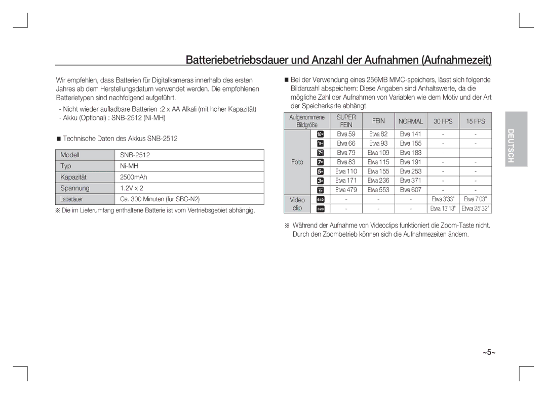 Samsung EC-S1065SBA/FR, EC-S1065PBA/FR manual Batteriebetriebsdauer und Anzahl der Aufnahmen Aufnahmezeit, FPS 15 FPS 