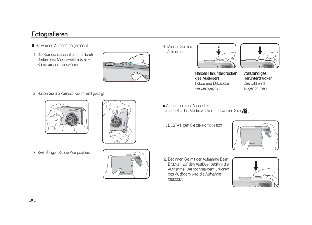 Samsung EC-S1065PBA/FR manual Fotograﬁeren, So werden Aufnahmen gemacht, Halbes Herunterdrücken Vollständiges Des Auslösers 