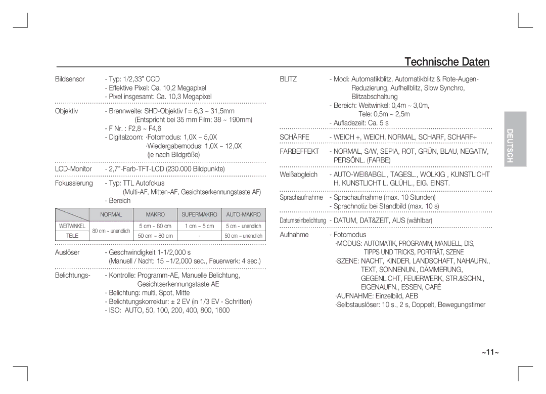 Samsung EC-S1065SBA/FR, EC-S1065PBA/FR manual Technische Daten 