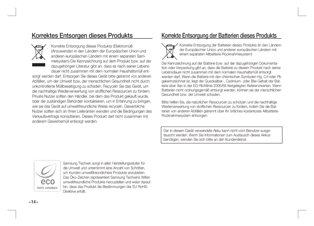 Samsung EC-S1065PBA/FR manual Korrektes Entsorgen dieses Produkts, Korrekte Entsorgung der Batterien dieses Produkts 