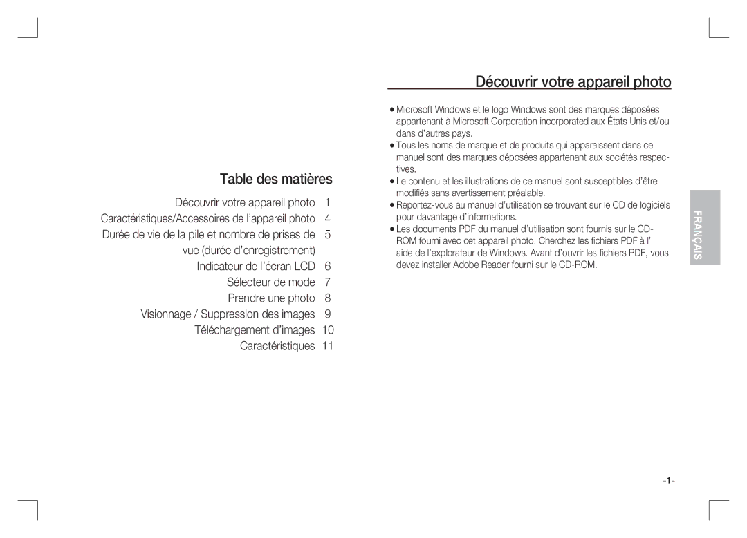 Samsung EC-S1065SBA/FR, EC-S1065PBA/FR manual Découvrir votre appareil photo, Table des matières 