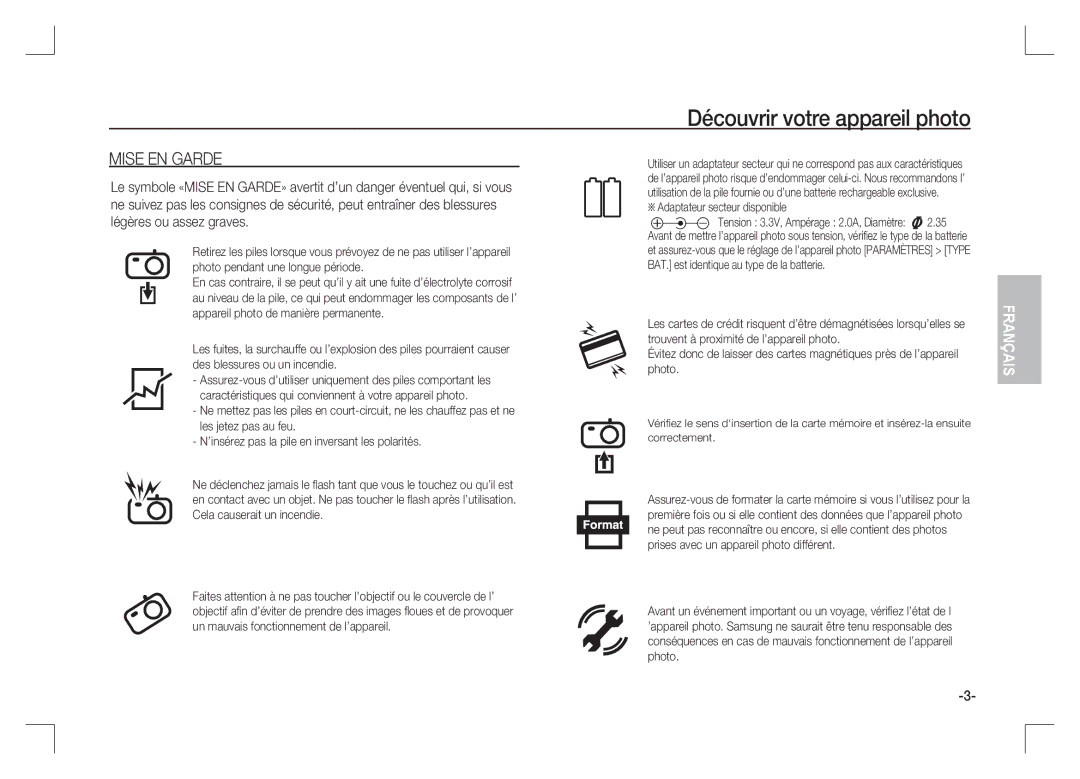 Samsung EC-S1065SBA/FR, EC-S1065PBA/FR manual Mise EN Garde, Adaptateur secteur disponible 