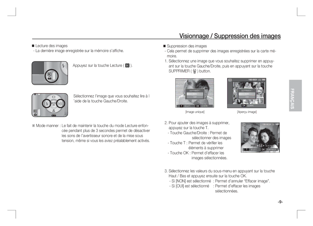 Samsung EC-S1065SBA/FR, EC-S1065PBA/FR manual Visionnage / Suppression des images 