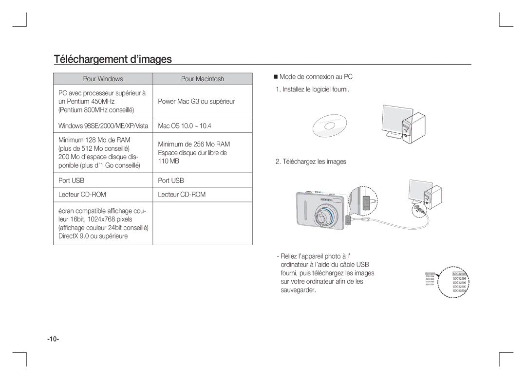 Samsung EC-S1065PBA/FR manual Téléchargement d’images, Pour Windows Pour Macintosh, Mac OS 10.0 ~, Port USB Lecteur CD-ROM 
