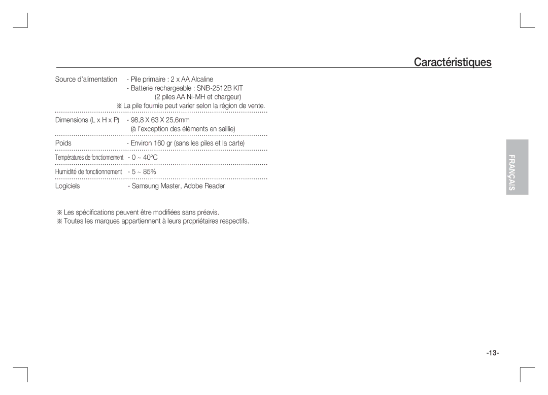 Samsung EC-S1065SBA/FR, EC-S1065PBA/FR manual Source d’alimentation Pile primaire 2 x AA Alcaline, Poids 