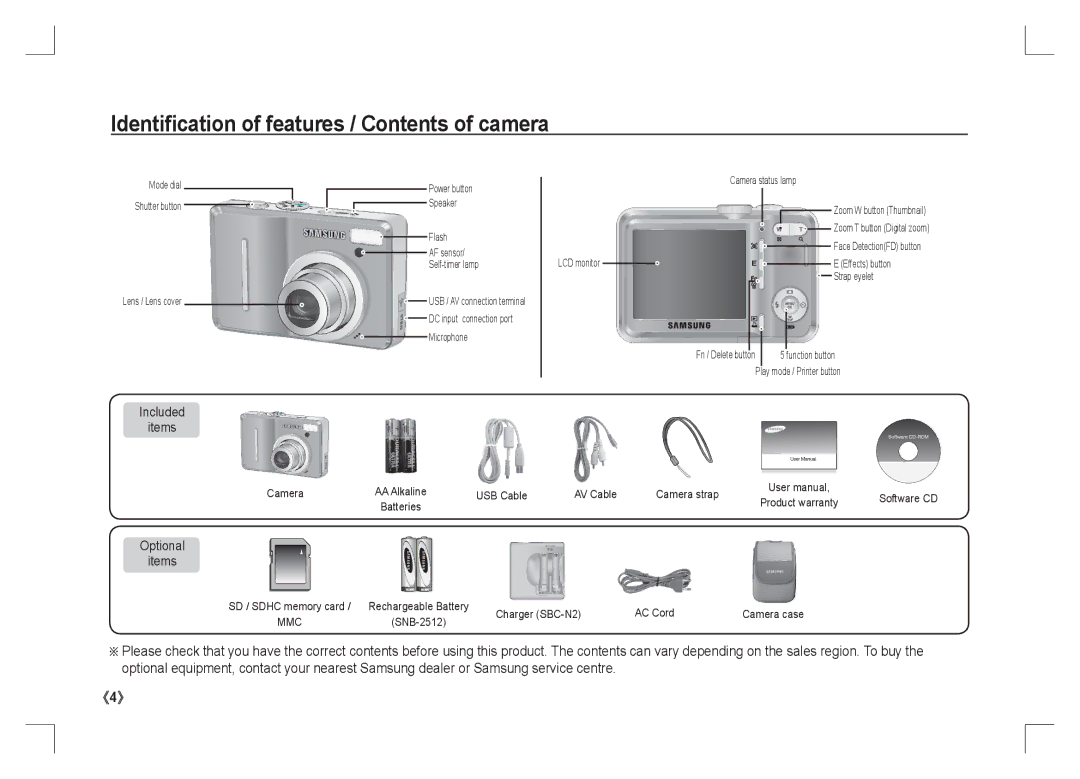 Samsung EC-S1065PBA/FR, EC-S1065SBA/FR manual Identiﬁcation of features / Contents of camera 