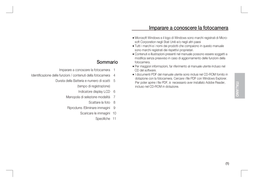 Samsung EC-S1065SBA/FR, EC-S1065PBA/FR manual Imparare a conoscere la fotocamera, Sommario 