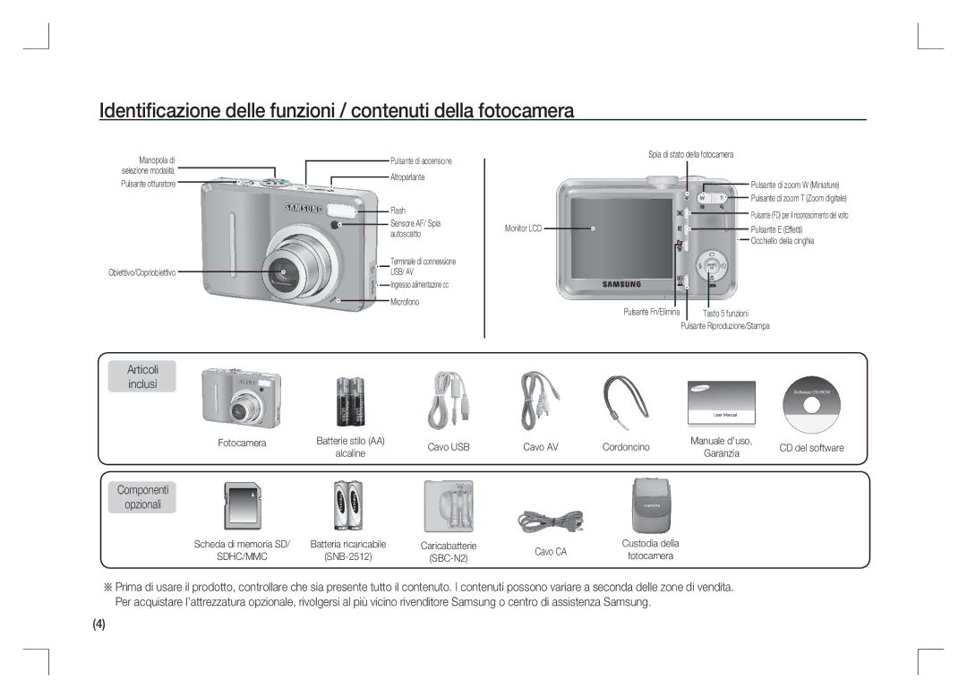 Samsung EC-S1065PBA/FR, EC-S1065SBA/FR Identiﬁcazione delle funzioni / contenuti della fotocamera, Componenti Opzionali 